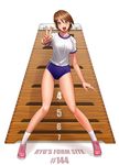  brown_eyes brown_hair buruma full_body gym_uniform legs open_mouth original ryu_(ryu's_former_site) shoes short_hair simple_background sneakers socks solo standing v vaulting_horse 