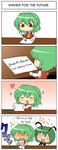  4koma antennae ascot blush breast_rest breasts chibi comic green_hair hard_translated heart highres kazami_yuuka kloah medium_breasts multiple_girls plaid plaid_vest red_eyes short_hair sparkle touhou translated vest wriggle_nightbug 