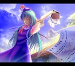  bad_id bad_pixiv_id blue_hair book flower flying_paper hair_flower hair_ornament hat hieda_no_akyuu hinami_(hinatamizu) japanese_clothes kamishirasawa_keine letterboxed long_hair multiple_girls paper purple_hair short_hair stretch sunset touhou wavy_mouth 