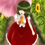  ascot bad_id bad_pixiv_id fangs flower from_above geike green_hair kazami_yuuka open_mouth red_eyes short_hair skirt skirt_set smile solo sunflower touhou umbrella vest 