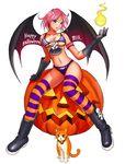  bat_wings bikini boots breasts cat full_body gloves halloween happy_halloween horns jack-o'-lantern large_breasts midriff multicolored multicolored_clothes multicolored_legwear original pink_hair pumpkin ryu_(ryu's_former_site) solo striped striped_bikini striped_legwear swimsuit thighhighs underboob white_background wings 