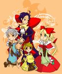  3boys :q ahoge allegretto beat_(trusty_bell) beige_background black_hair blonde_hair cape clovercandy dress expressionless frederic_chopin green_eyes multiple_boys polka_(trusty_bell) red_dress shaded_face short_hair simple_background smile sweatdrop tongue tongue_out trusty_bell 