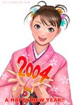  2004 brown_hair cherry_blossom_print floral_print flower hair_flower hair_ornament happy_new_year japanese_clothes kimono looking_at_viewer new_year open_mouth original purple_eyes ryu_(ryu's_former_site) smile solo upper_body 
