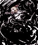  blonde_hair hair_ribbon monochrome outstretched_arms red_eyes ribbon rumia solo spot_color spread_arms suisa touhou 