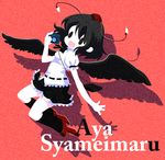  black_hair black_wings bow camera character_name geta hat karaagetarou kunreishiki looking_at_viewer open_mouth ribbon shameimaru_aya short_hair smile solo tengu-geta tokin_hat touhou wings 