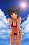  bad_id bad_pixiv_id bent_over bikini black_hair cloud copyright_request day laco_soregashi lens_flare orange_eyes short_hair solo sun swimsuit twintails 