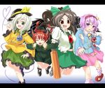  ^_^ animal_ears ankle_boots arm_cannon black_wings blush boots bow braid brown_hair cat_ears closed_eyes dress extra_ears fang frills green_hair hair_bow hairband hat heart jumping kaenbyou_rin komeiji_koishi komeiji_satori lineup locked_arms long_hair long_sleeves mary_janes multiple_girls red_hair reiuji_utsuho shoes short_hair size_difference skirt standing standing_on_one_leg third_eye touhou twin_braids weapon wide_sleeves wings yamu_(yamuyama_web) 