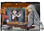  food_stand fujiwara_no_mokou hand_on_own_chest lantern multiple_girls music mystia_lorelei onozuka_komachi sergei_(pattundo) singing touhou yatai 