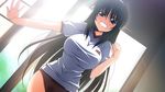  black_hair blush breasts buruma game_cg gym_uniform huge_breasts izumi_iko long_hair oni_uta purple_eyes shirt solo taut_clothes taut_shirt 