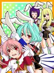  animal_ears aqua_hair blonde_hair blue_hair bunny_ears chiester00 chiester410 chiester45 chiester556 chiester_sisters closed_eyes eyepatch gloves long_hair multiple_girls pink_hair purple_hair red_eyes short_hair showgirl_skirt smile thighhighs twintails umineko_no_naku_koro_ni white_gloves yukashia 