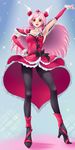  :d armpits black_legwear choker cure_passion detached_sleeves dress earrings eyelashes fresh_precure! frills hair_ornament hand_on_hip head_wings heart heart_hair_ornament higashi_setsuna high_heels highres jewelry legs long_hair magical_girl open_mouth pantyhose pink_hair precure red_eyes shoes smile solo spoilers white_choker yaso_shigeru 