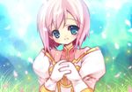  aqua_background bad_id bad_pixiv_id blue_eyes capura_lin estellise_sidos_heurassein grass hands_clasped own_hands_together petals pink_hair short_hair smile solo tales_of_(series) tales_of_vesperia 