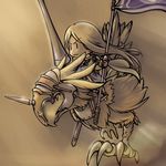 armor bad_id bad_pixiv_id banner barding blonde_hair cape cavalry chibi chocobo final_fantasy final_fantasy_tactics knight_(fft) lance long_hair momigara_(mmgrkmnk) polearm riding solo weapon |_| 