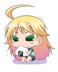  :3 afuu ahoge bad_id bad_pixiv_id blonde_hair blush blush_stickers chibi eating food green_eyes hoshii_miki idolmaster idolmaster_(classic) kyoko_nagase long_hair onigiri puchimasu! sitting solo 