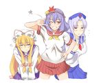  \m/ alternate_costume bad_id bad_pixiv_id blonde_hair blue_eyes durandal_(kei) grin hair_ornament hat leaf_hair_ornament multiple_girls one_eye_closed purple_hair red_eyes school_uniform smile touhou yagokoro_eirin yakumo_yukari yasaka_kanako 