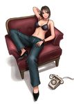  bikini_top bracelet brown_eyes brown_hair chair denim high_heels jeans jewelry midriff original pants phone ryu_(ryu's_former_site) shoes short_hair smile solo 