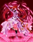  bad_id bad_pixiv_id black_legwear brown_hair full_body glint highres kneehighs lance looking_at_viewer lyrical_nanoha magic_circle magical_girl mahou_shoujo_lyrical_nanoha_strikers octagram polearm raising_heart rod solo standing star_of_lakshmi takamachi_nanoha tom_(1art.) twintails weapon 