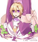  1girl aya_(min412) blazblue blonde_hair carl_clover character_name glasses hug nirvana open_mouth purple_eyes 