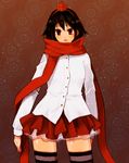  bad_id bad_pixiv_id black_hair coat hat looking_at_viewer mot open_mouth pleated_skirt scarf shameimaru_aya short_hair skirt solo striped striped_legwear thighhighs tokin_hat touhou zettai_ryouiki 