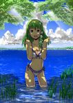  bikini breasts cleavage cloud day frilled_bikini frills frog front-tie_top green_eyes green_hair hair_ornament kochiya_sanae large_breasts light_rays looking_at_viewer open_mouth side-tie_bikini sky smile snake solo sunbeam sunlight swimsuit touhou tree wading water yunsuku 