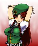  arms_behind_head arms_up blue_eyes braid china_dress chinese_clothes dress gumdrop hat hong_meiling long_hair red_hair solo touhou twin_braids 