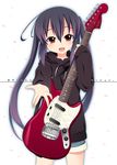  black_hair brown_eyes guitar hood hoodie instrument k-on! long_hair miyao_ryuu nakano_azusa open_mouth plectrum smile solo sweater twintails 