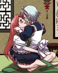  2girls bad_id bad_pixiv_id barefoot blush commentary_request couple green_eyes grey_hair hong_meiling isayasa izayoi_sakuya long_hair maid multiple_girls red_hair short_hair sitting sitting_on_lap sitting_on_person touhou yuri 