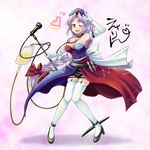  armpits breasts character_name cleavage elbow_gloves garters gloves high_heels idol intravenous_drip long_hair medium_breasts microphone microphone_stand mikagami_hiyori nurse one_eye_closed shoes solo stethoscope syringe thighhighs touhou white_gloves yagokoro_eirin 