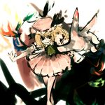  blonde_hair blood flandre_scarlet foreshortening grin hands hat outstretched_arm outstretched_hand reaching red_eyes smile solo suisa touhou wings 