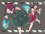  animal_ears braid cat cat_ears cat_tail chen extra_ears hat highres hitoto kaenbyou_rin long_hair looking_at_viewer multiple_girls multiple_tails paw_pose ribbon skull tail touhou twin_braids 