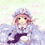  bad_id bad_pixiv_id cherry_blossoms cup geike hat petals pink_eyes pink_hair saigyouji_yuyuko sakazuki short_hair solo touhou 