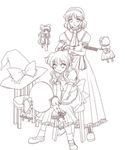  alice_margatroid brown comb doll hairdressing hat hat_removed headwear_removed hourai_doll kirisame_marisa lineart lowres mikagami_hiyori mirror monochrome multiple_girls no_hat no_headwear shanghai_doll sitting sketch touhou witch_hat 