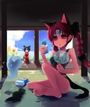  animal_ears barefoot braid brown_hair cat_ears cat_tail chen fan feet flower hair_ribbon hat kaenbyou_rin multiple_girls multiple_tails red_eyes red_hair ribbon shin_(new) short_hair sunflower sweat tail tongue touhou twin_braids twintails 