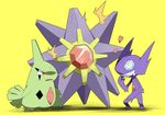  bad_pixiv_id gem gen_1_pokemon gen_2_pokemon gen_3_pokemon larvitar nintendo no_humans pokemon pokemon_(creature) red_eyes sableye saliva sg_(suuchan) simple_background starmie surprised sweat 