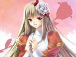  blonde_hair blush cross flower hair_flower hair_ornament hands_clasped high_priest jewelry long_hair miyase_mahiro necklace own_hands_together puffy_sleeves ragnarok_online red_eyes smile solo 