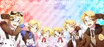  america_(hetalia) axis_powers_hetalia bad_id bad_pixiv_id bear birthday blonde_hair blue_eyes bomber_jacket bow canada_(hetalia) fur glasses gloves goggles happy_birthday jacket kumajirou_(hetalia) male_focus migu multiple_boys necktie one_eye_closed polar_bear smile star younger 