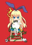  amae_koromo bad_id bad_pixiv_id bird blonde_hair blue_eyes blush chair chibi clock etopen hairband kuma_jet long_hair mahjong penguin red_background saki sitting skirt solo stuffed_animal stuffed_penguin stuffed_toy thighhighs thorns 