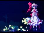  blue_hair bow cross dress flower grave hat large_bow motomiya_mitsuki petals red_eyes remilia_scarlet shoes solo touhou 