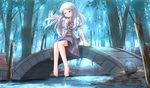  barefoot closed_eyes forest highres long_hair looking_at_viewer nature original risutaru river silver_hair sitting smile solo wind 