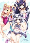  :d bat_wings black_hair blonde_hair blue_eyes breasts cleavage double_bun green_eyes hair_ornament haku_(p&amp;d) horns karin_(p&amp;d) long_hair looking_at_viewer medium_breasts meimei_(p&amp;d) multicolored_hair multiple_girls navel open_mouth puzzle_&amp;_dragons reina_(black_spider) short_hair smile swimsuit two-tone_hair white_hair wings 