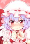  blue_hair blush dra fang hat looking_at_viewer red_eyes remilia_scarlet slit_pupils solo tears touhou uu~ wavy_mouth wrist_cuffs 