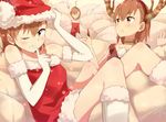  ahoge animal_costume antlers brown_eyes brown_hair hat last_order misaka_imouto misaka_mikoto multiple_girls one_eye_closed reindeer_antlers reindeer_costume santa_costume santa_hat to_aru_majutsu_no_index tomato_(lsj44867) 