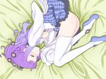  1girl areolae ass bed blush boots feet highres hou_(hachiyou) legs long_hair looking_away lying masturbation nipples no_panties on_side purple_eyes purple_hair skirt small_breasts smile solo spinel_(summon_night) summon_night summon_night_5 thigh_boots thighhighs thighs 