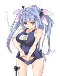  adjusting_clothes adjusting_swimsuit ajino_(sakanahen) blue_hair blue_swimsuit breasts cleavage collarbone hair_ornament hair_ribbon i-19_(kantai_collection) kantai_collection large_breasts long_hair looking_down motion_lines name_tag one-piece_swimsuit red_eyes ribbon school_swimsuit solo star star-shaped_pupils swimsuit symbol-shaped_pupils translation_request tri_tails 