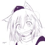  animal_ears bone greyscale hair_between_eyes hat inubashiri_momiji looking_at_viewer monochrome mouth_hold pom_pom_(clothes) portrait short_hair signature simple_background solo taurine_8000mg tokin_hat touhou twitter_username white_background wolf_ears 
