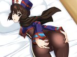  1girl anus ass ass_grab bed black_eyes bodysuit breasts brown_hair cape chloe_valens erect_nipples from_behind hat highres hou_(hachiyou) large_breasts legs looking_back pillow pussy short_hair skin_tight solo spread_ass spread_pussy spread_pussy_under_clothes tales_of_(series) tales_of_legendia thighs top-down_bottom-up 