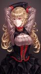  arms_behind_head arms_up black_background black_gloves blonde_hair cleavage_cutout corset gloves lips long_hair mstm original red_eyes simple_background skirt solo 