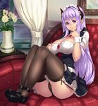  black_legwear blush breasts brown_panties cleavage couch curtains demon_girl demon_horns finger_to_mouth flower garter_straps highres horns houtengeki huge_breasts long_hair maid maid_headdress mary_janes original panties plant pointy_ears potted_plant purple_eyes purple_hair shoes sitting smile solo thighhighs underwear vase window wrist_cuffs 