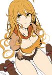  ahoge ankle_cuffs arms_behind_back bad_id bad_pixiv_id belt_boots blonde_hair boots breasts brown_footwear cleavage from_above koko_shiguma large_breasts long_hair purple_eyes rwby scarf short_shorts shorts sitting solo wariza yang_xiao_long 