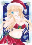  acrylic_paint_(medium) aqua_eyes bad_id bad_pixiv_id bell blonde_hair breasts cleavage hand_on_own_chest hand_to_head hat highres jingle_bell large_breasts long_hair looking_at_viewer midriff navel one_eye_closed open_mouth original pom77 red_skirt ribbon santa_costume santa_hat skirt snow solo stomach traditional_media 